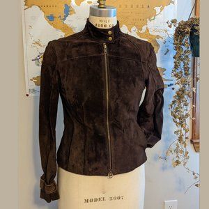 Brown Suede Leather Fitted Zip Up Moto Jacket